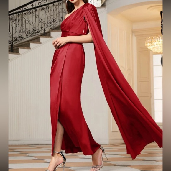 Luxe light gray one shoulder party formal evening wedding prom satin dress - Picture 6 of 16